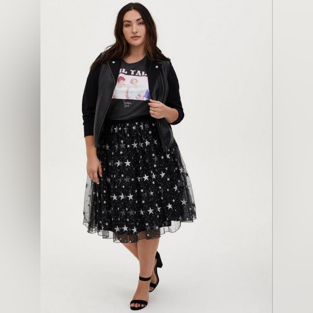 Torrid Black Silver Star Tulle Midi Skirt